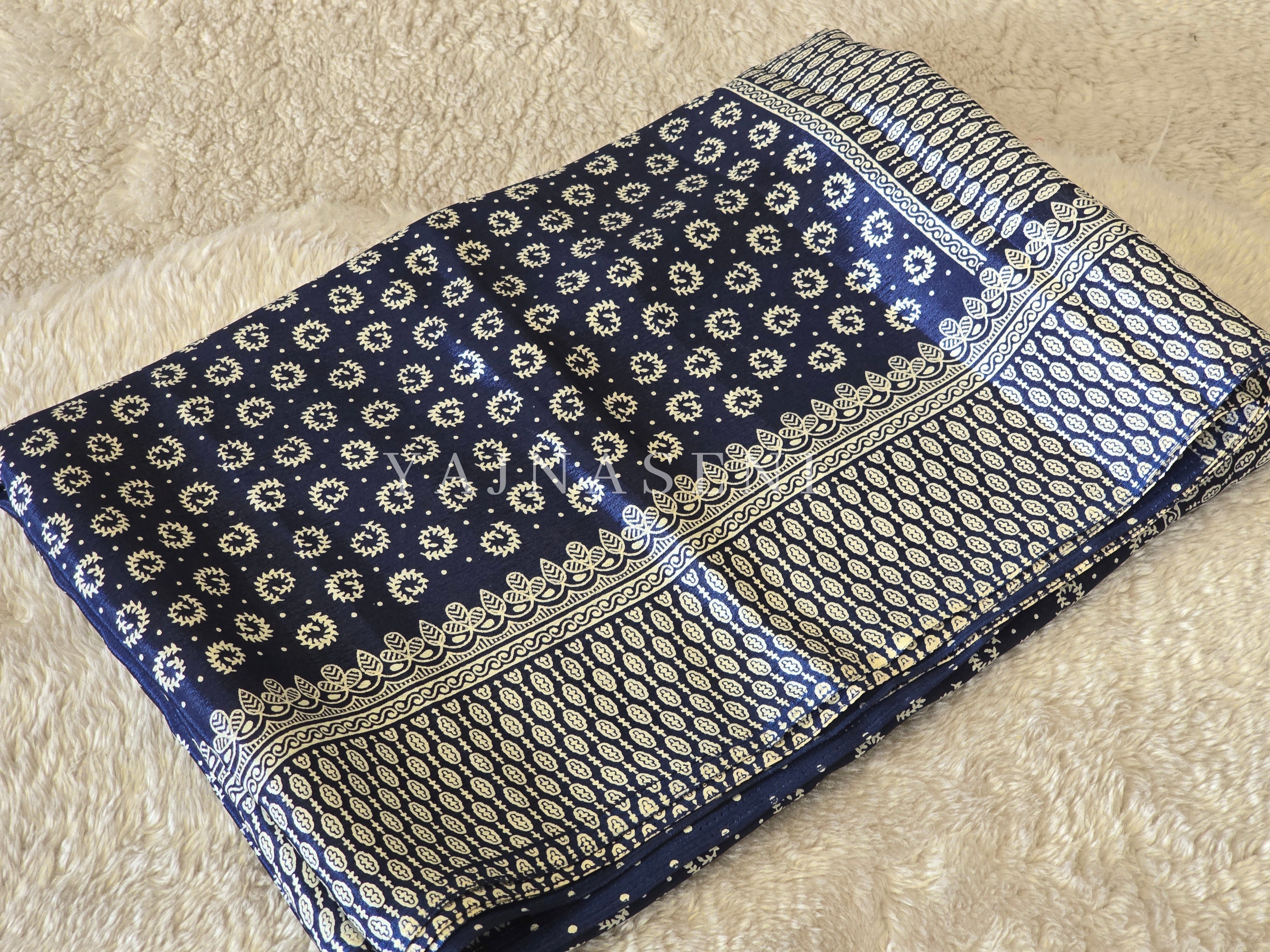 Georgette Saree x Printed Design : Dark Blue x White