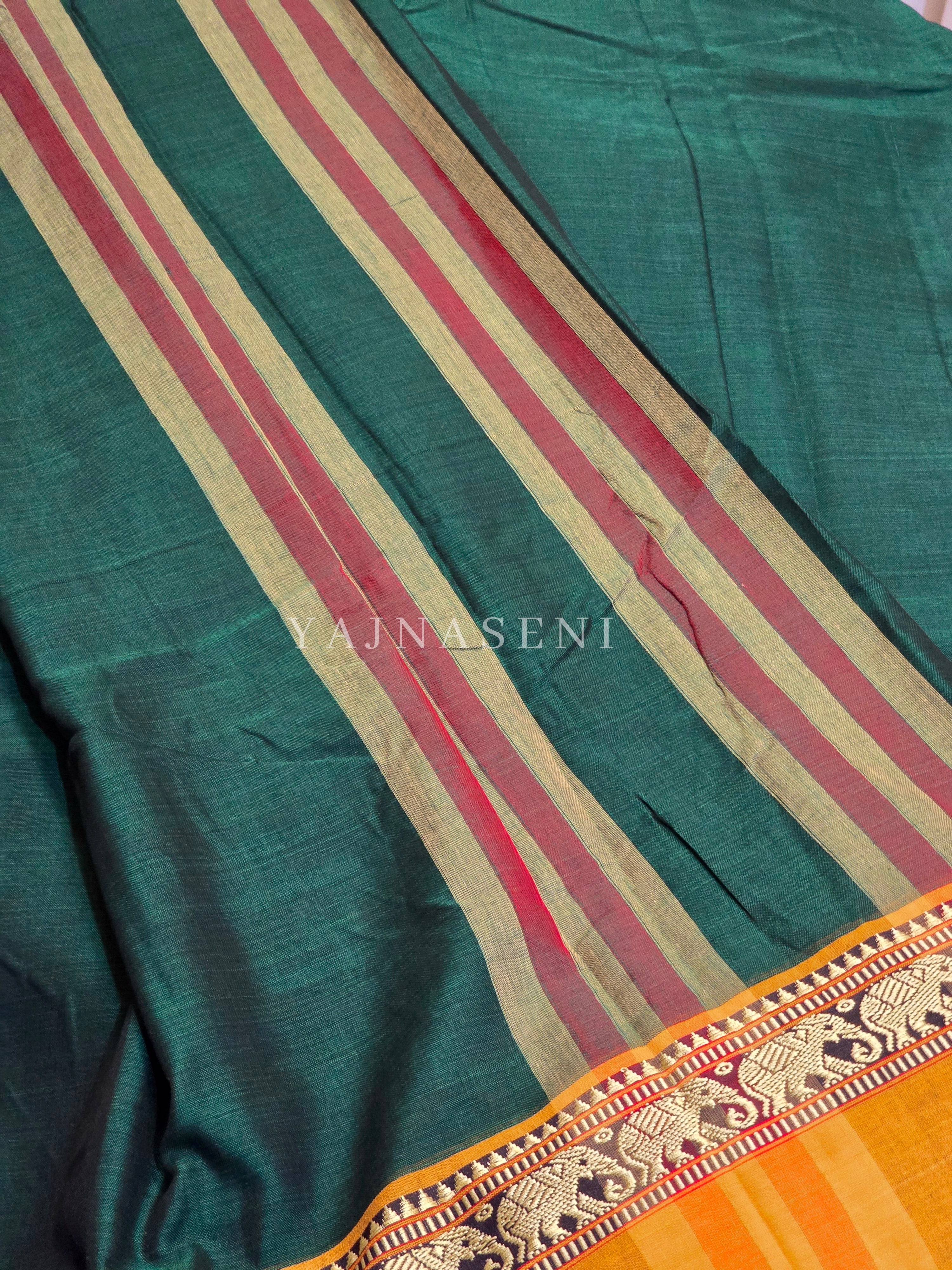 Narayanpet Mercerised Cotton Saree : Emerald x Mustard