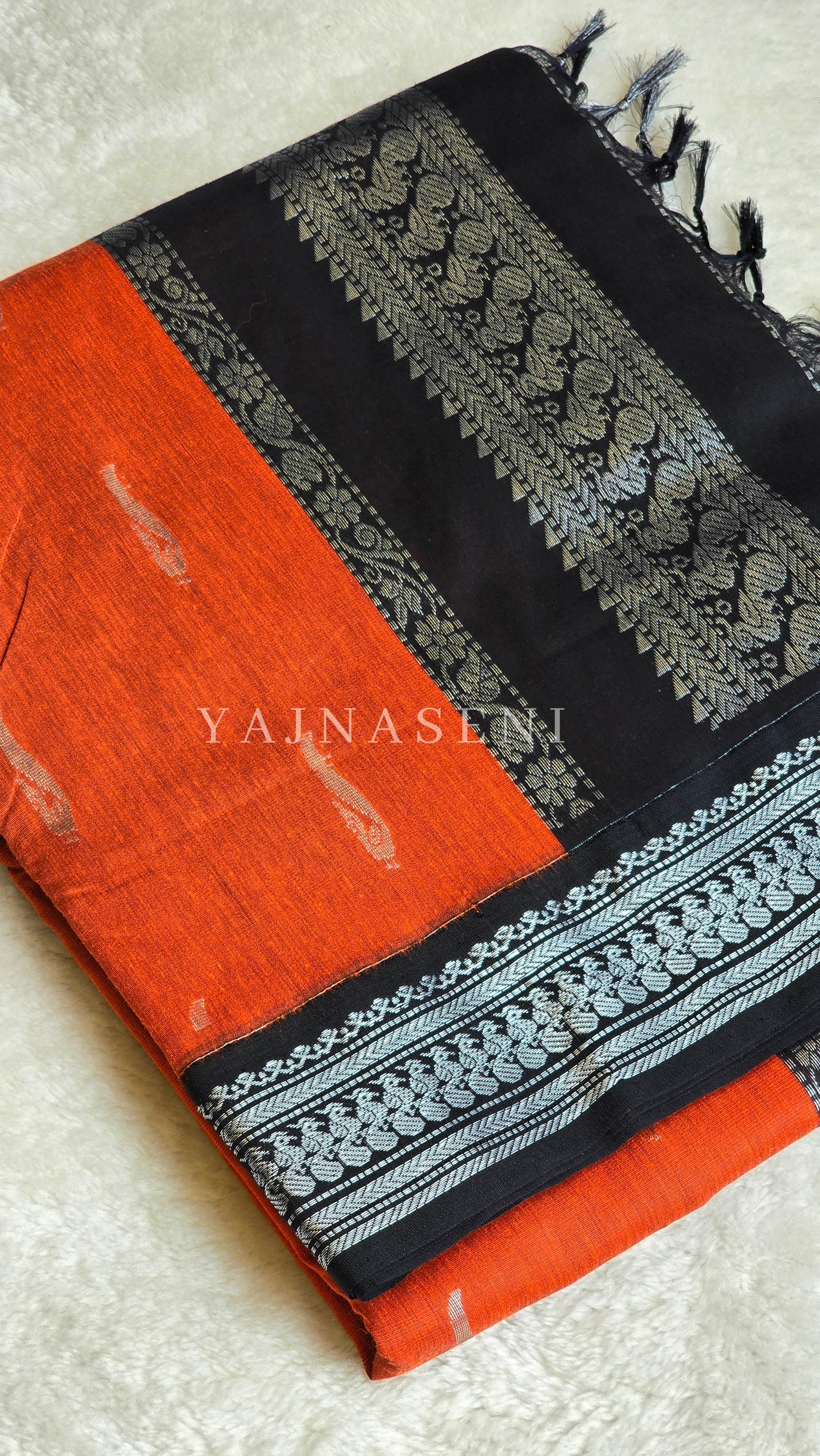 Kalyani Cotton Saree - Silver Zari : Orange x Black
