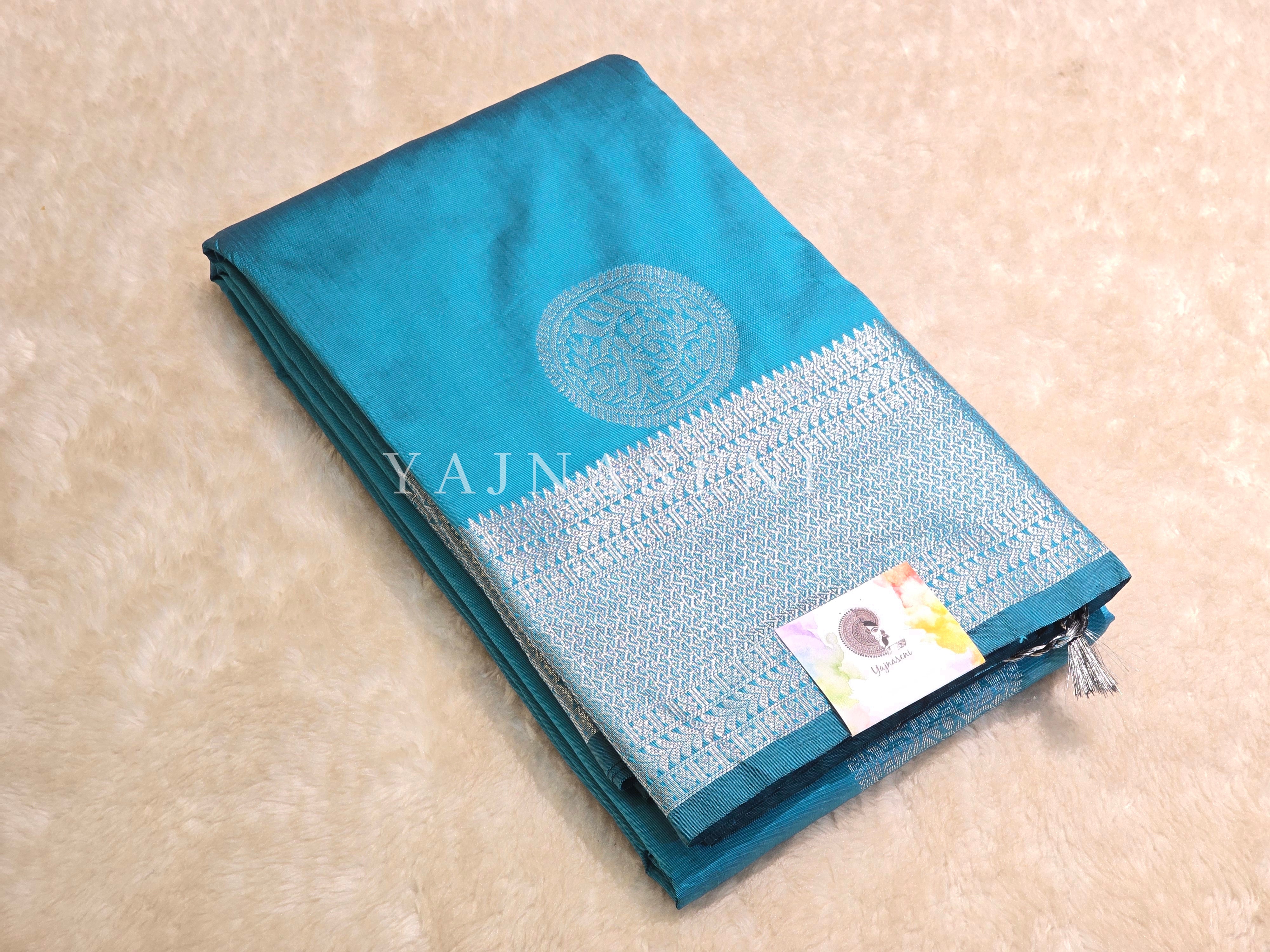 Semi Soft Silk Silver Zari Saree - Teal Blue