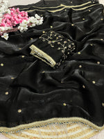 Load image into Gallery viewer, Satina Silk Saree x Embroidery blouse x Mirror Lace : Black
