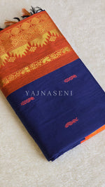 Load image into Gallery viewer, Kalyani Cotton Saree - Gold Zari : Blue x Orange x Bright Orange
