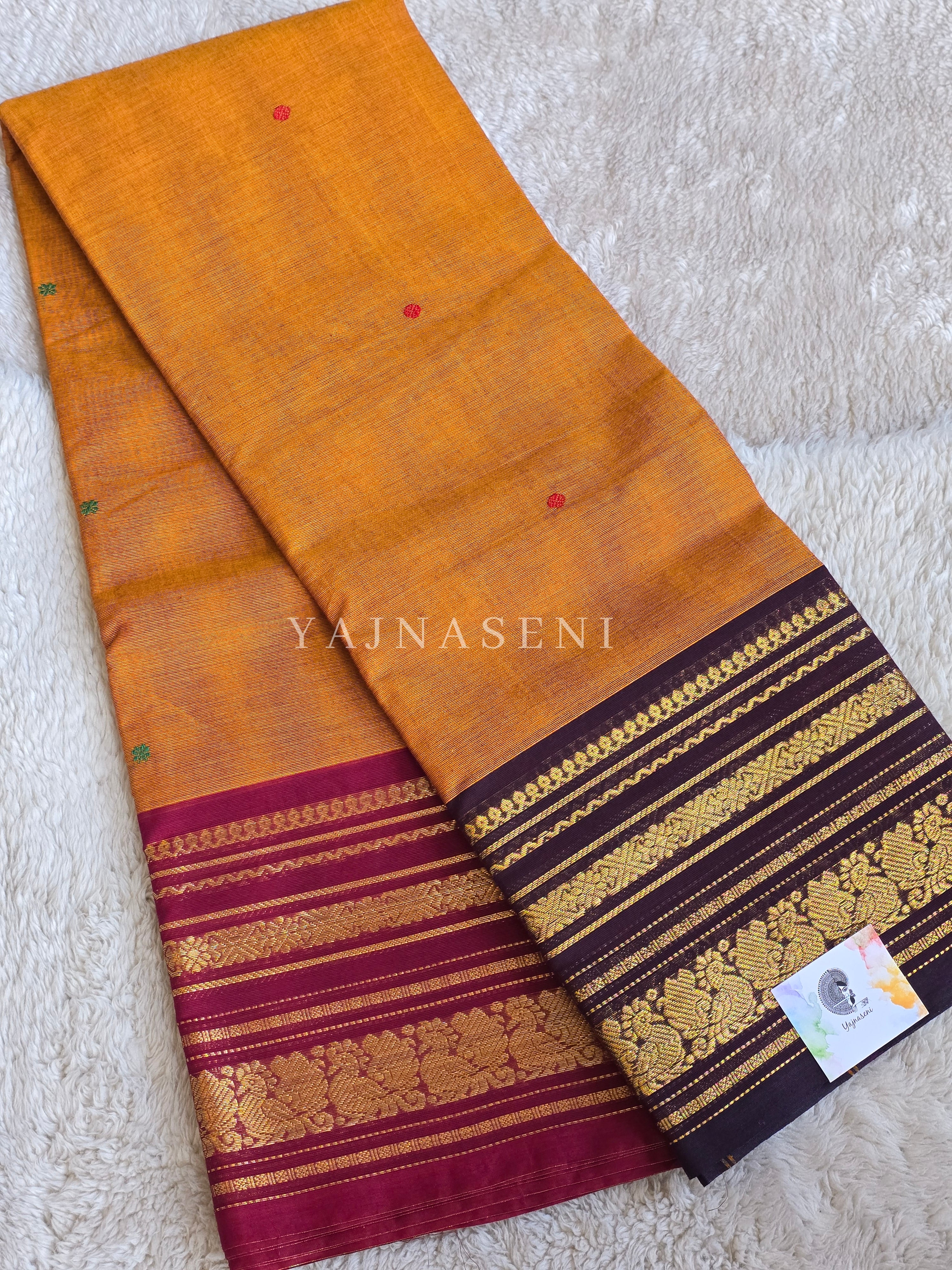Kanchi Cotton Saree x Ganga-Jamuna Border : Dark Amber x Dark Brown x Wine