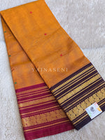 Load image into Gallery viewer, Kanchi Cotton Saree x Ganga-Jamuna Border : Dark Amber x Dark Brown x Wine

