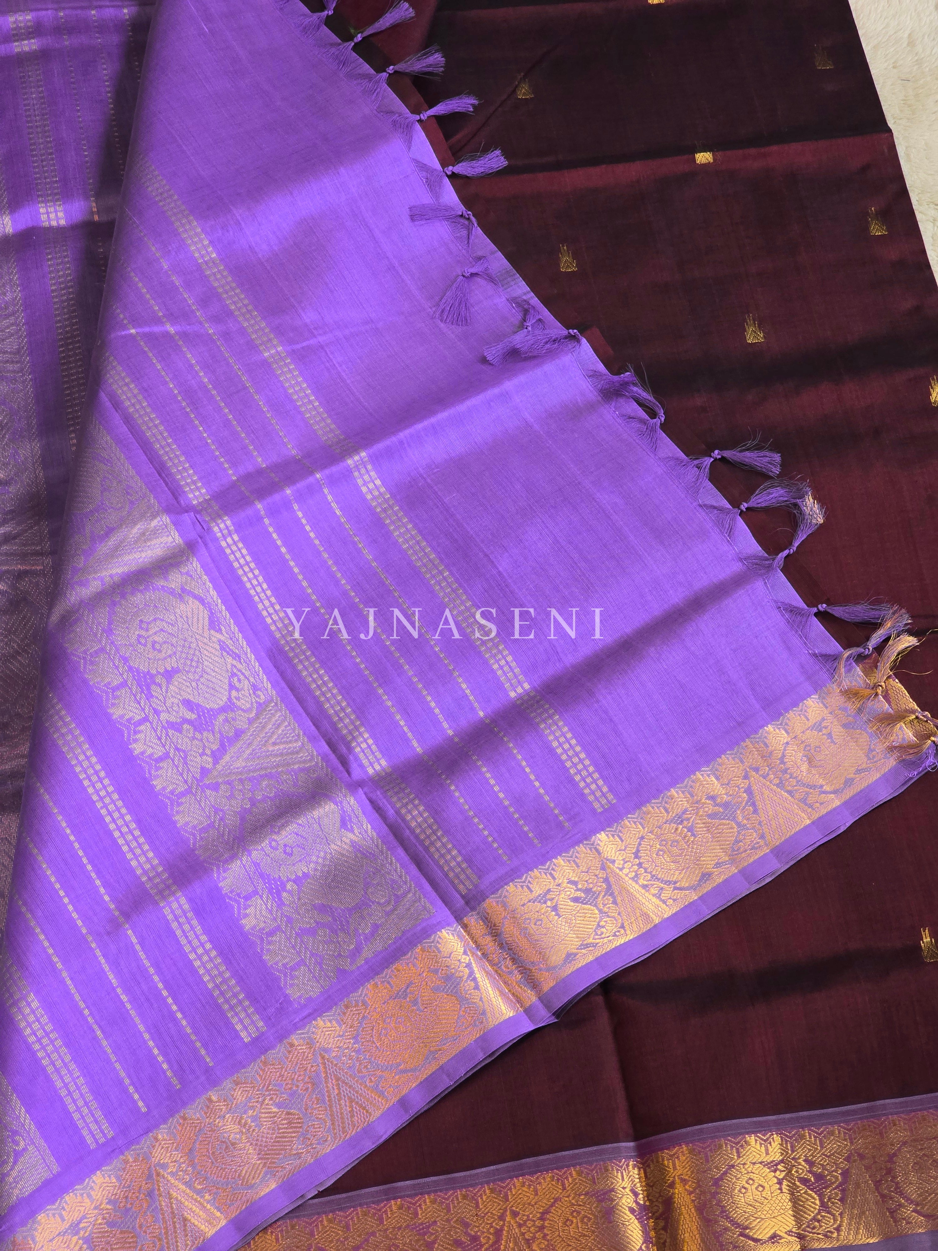 Handloom Kanchipuram Silk Cotton Saree : Dark Wine x Light Purple