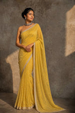 Load image into Gallery viewer, Soft Organza Silk x Sequins x Lace border Saree : Marigold Yellow
