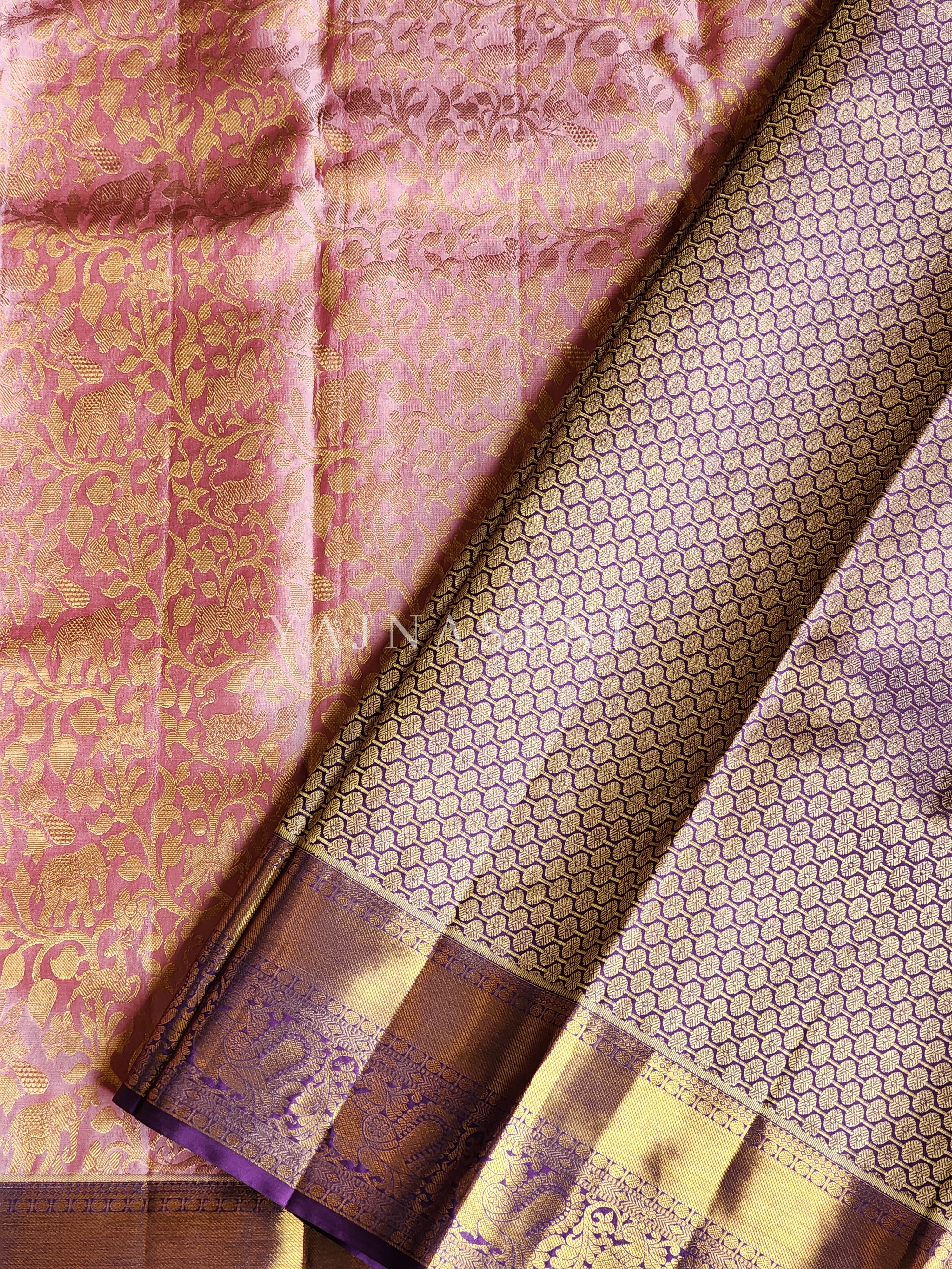 Glory of the Forest (pink) - Pure Kanjivaram Silk Saree with Gold Zari