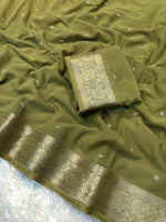 Load image into Gallery viewer, Chiffon Saree x Sequins x Small Border : Olive
