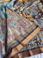Load image into Gallery viewer, Semi Tussar Saree x Printed Kalamkari designs : Powder Blue x Brown
