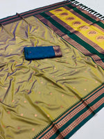 Load image into Gallery viewer, Semi Soft Silk Saree x Narayanpet Border - Olive x Dark Green x Teal Blue
