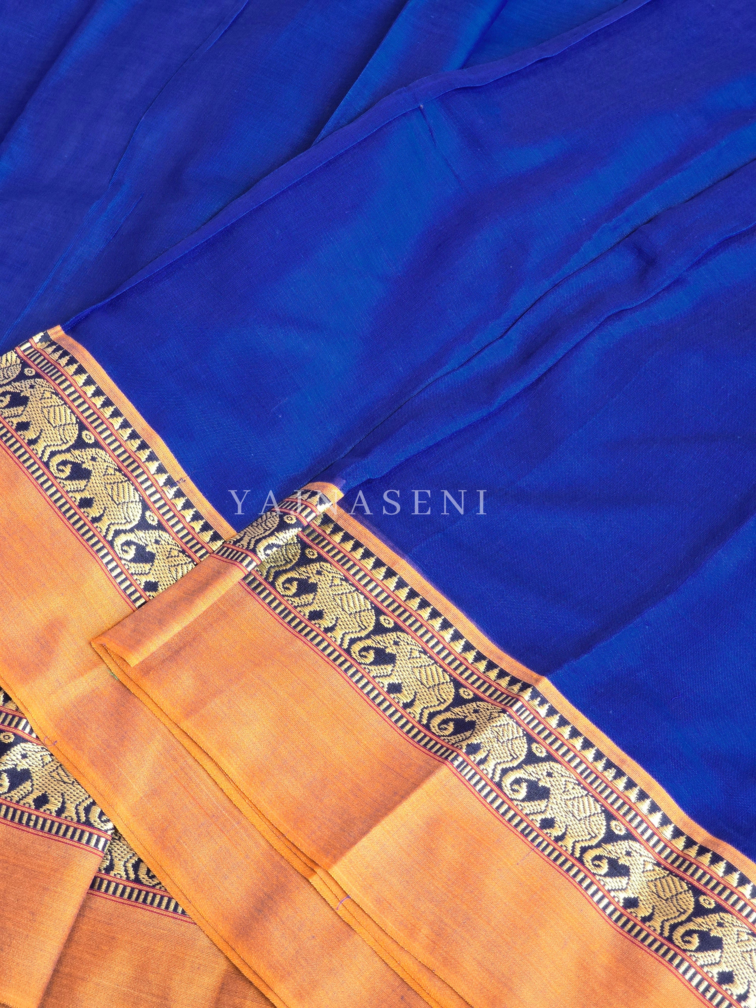 Narayanpet Mercerised Cotton Saree : Royal Blue x Mustard