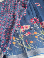Load image into Gallery viewer, Printed Linen Cotton Saree x Silver Zari Border : Denim Blue
