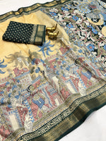 Load image into Gallery viewer, Semi Tussar Saree x Printed Kalamkari designs : Beige x Green
