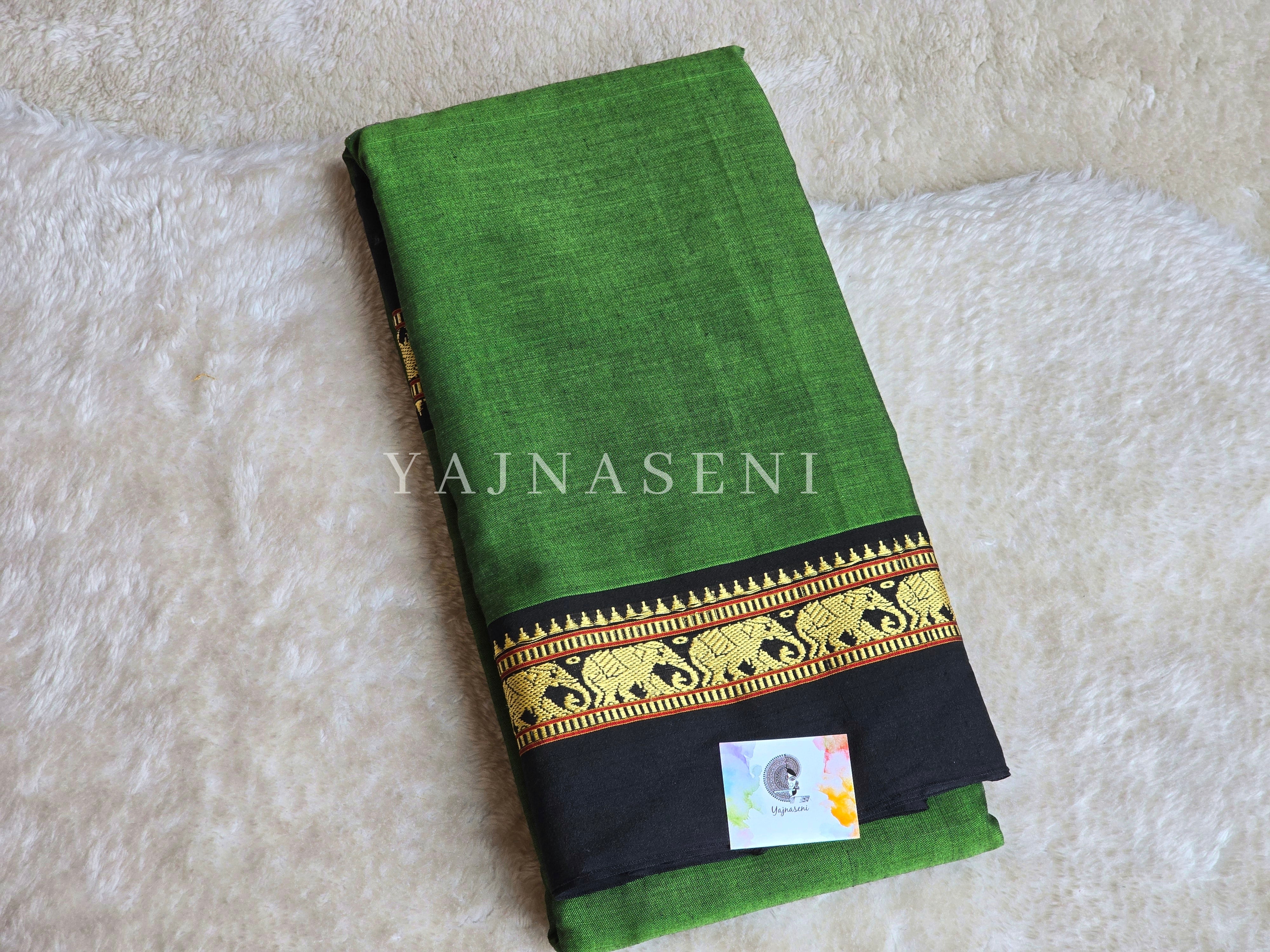 Narayanpet Mercerised Cotton Saree : Green x Black