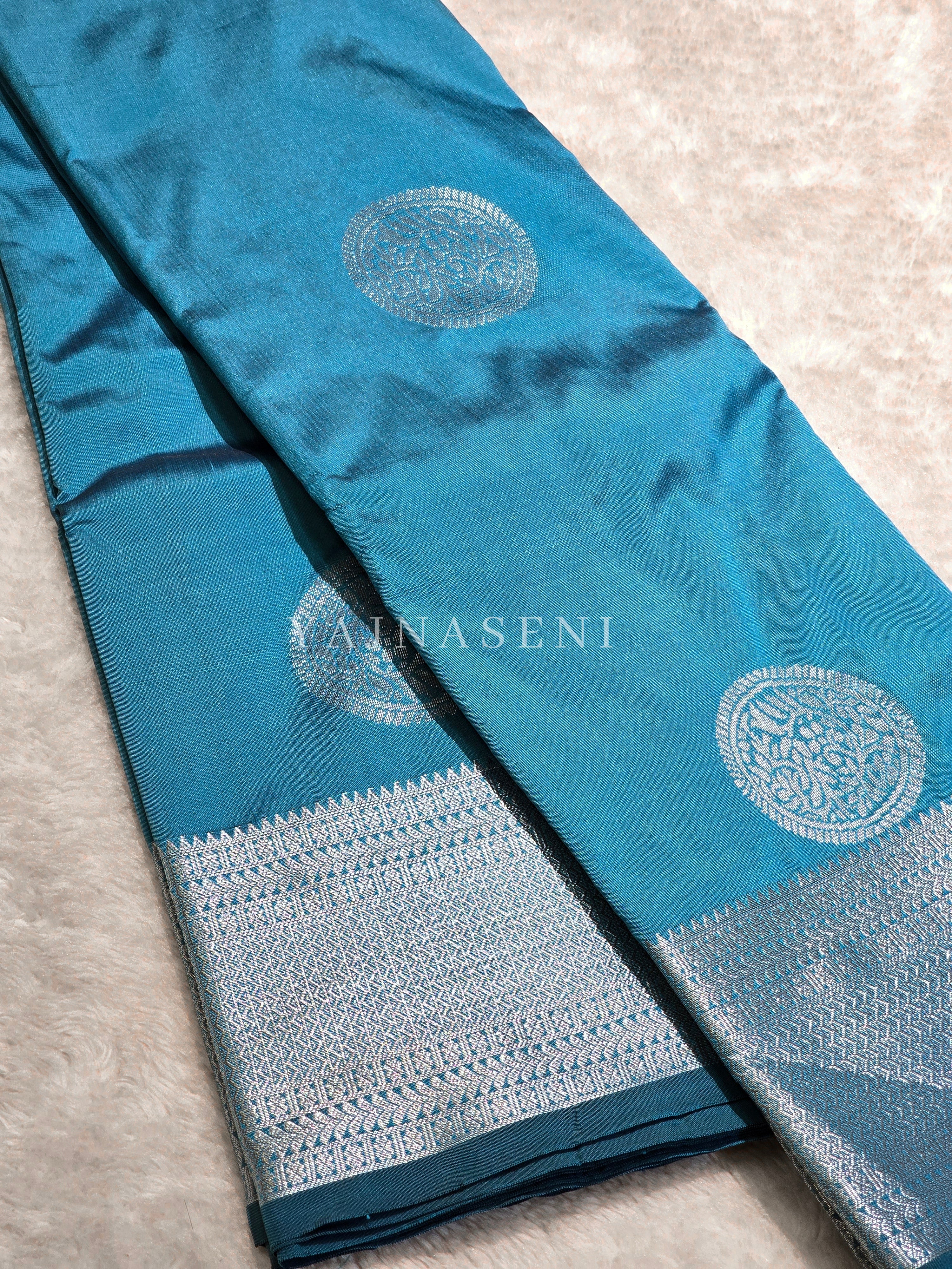 Semi Soft Silk Silver Zari Saree - Teal Blue