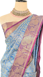Load image into Gallery viewer, Brocade Semi Silk Saree - Cerulean Blue x Purple

