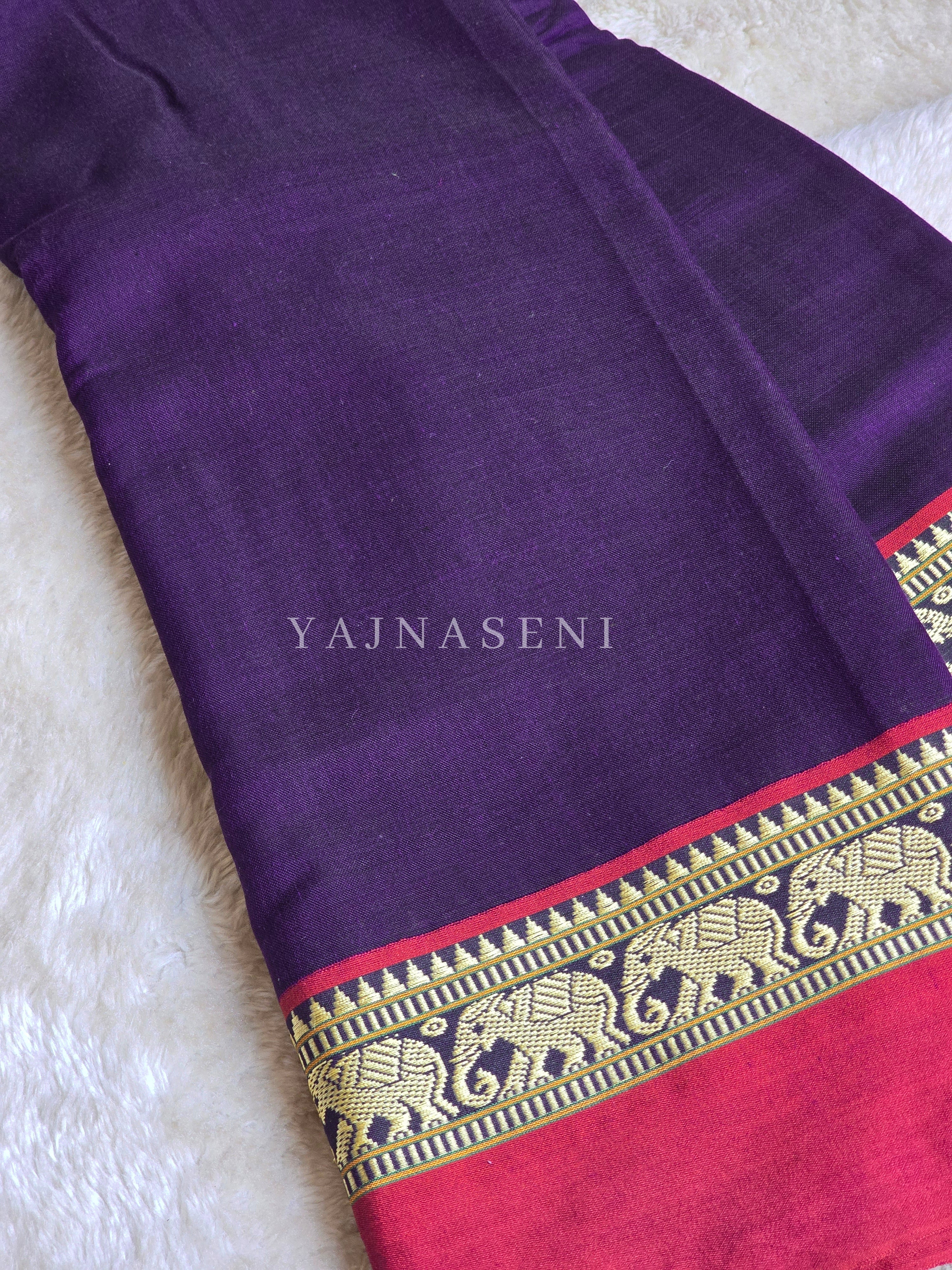 Narayanpet Mercerised Cotton Saree : Dark Purple x Rani