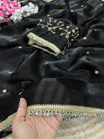 Load image into Gallery viewer, Satina Silk Saree x Embroidery blouse x Mirror Lace : Black
