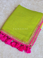 Load image into Gallery viewer, Mulmul Cotton x PomPom Saree : Neon Green x Hot Pink
