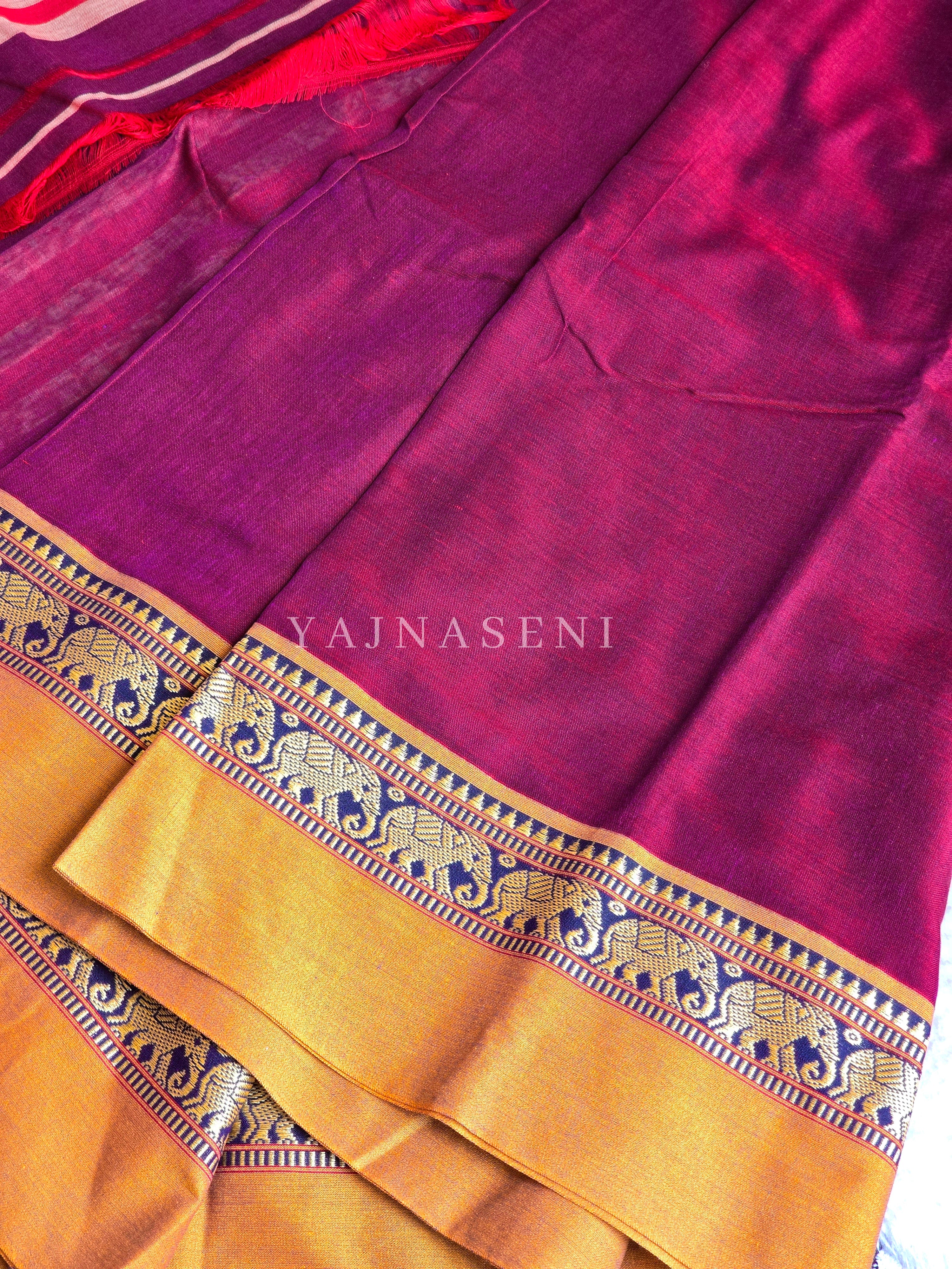 Narayanpet Mercerised Cotton Saree : Claret x Mustard