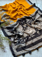Load image into Gallery viewer, Cotton Linen Saree x Kalamkari Prints x Foil Mirrors : Dark Yellow x Black
