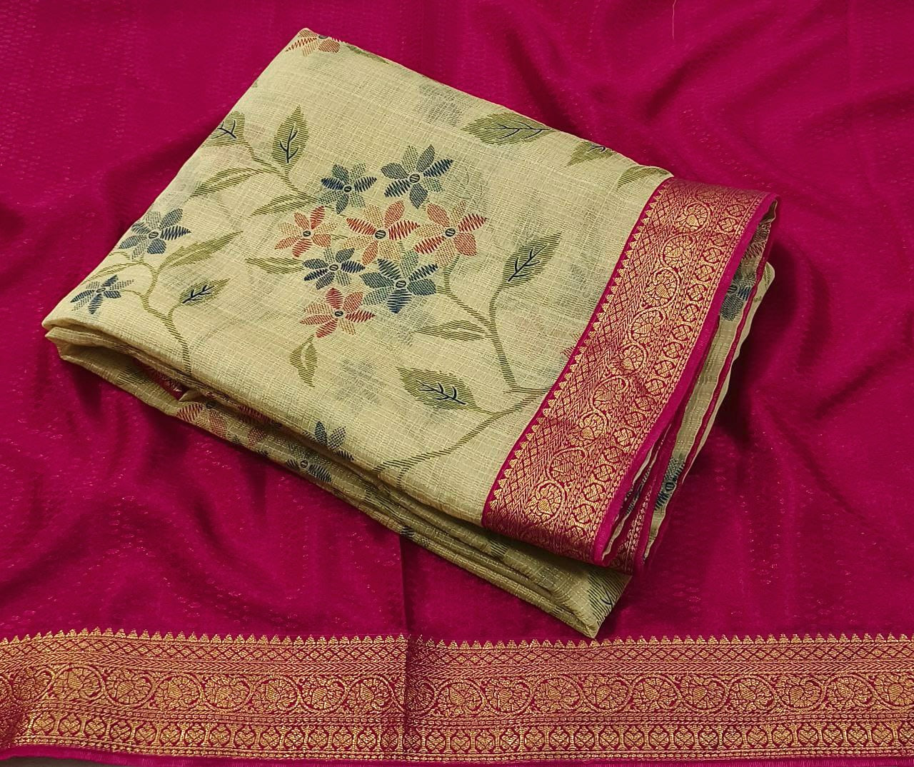 Chiffon Floral Saree x Silk Border - Cream x Pink