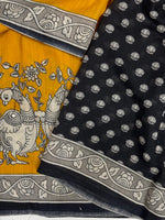Load image into Gallery viewer, Cotton Linen Saree x Kalamkari Prints x Foil Mirrors : Dark Yellow x Black
