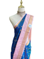 Load image into Gallery viewer, Kanchipuram Semi Silk Saree x Checkered - Peacock Blue x Pastel Pink
