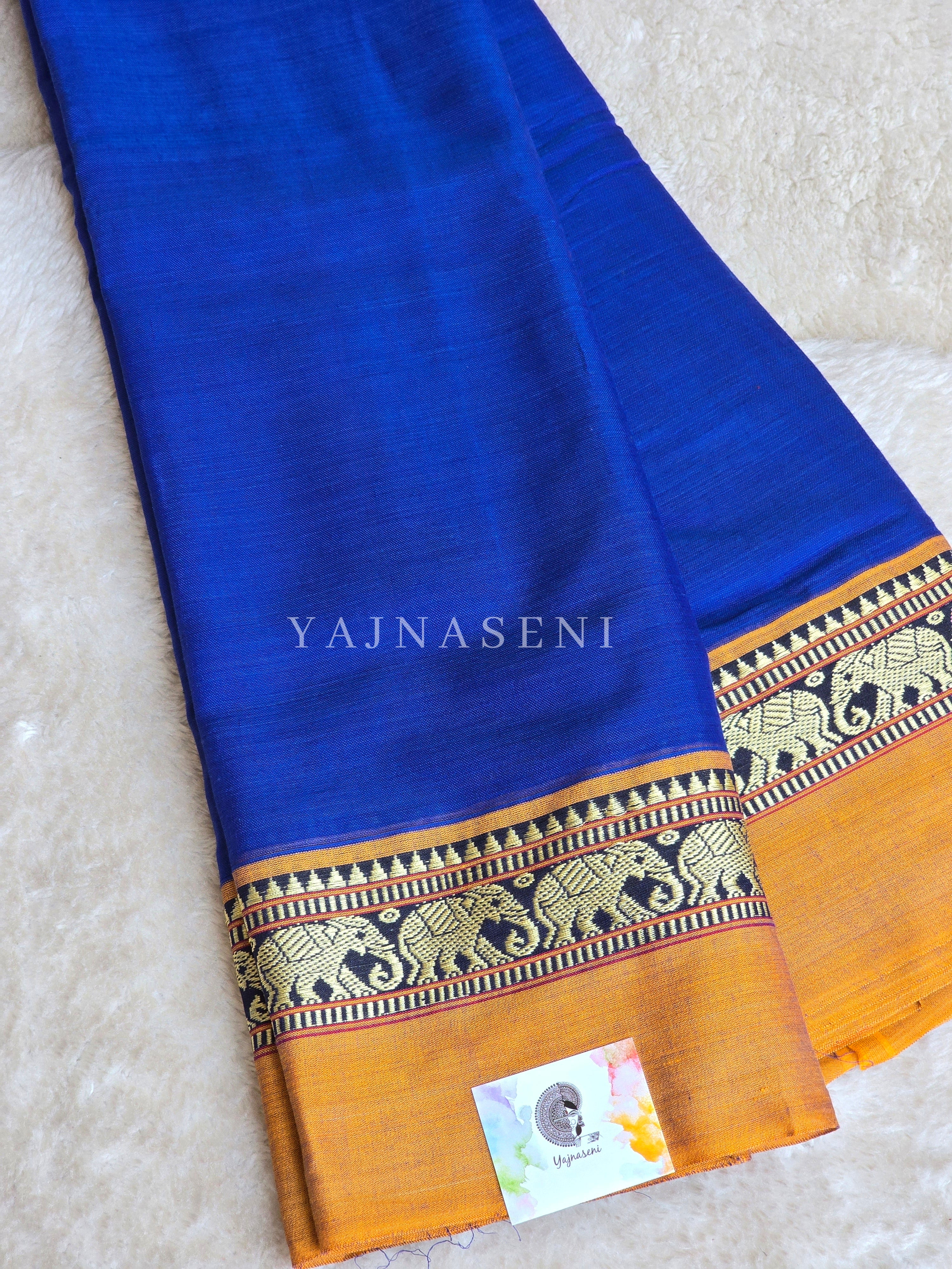 Narayanpet Mercerised Cotton Saree : Royal Blue x Mustard