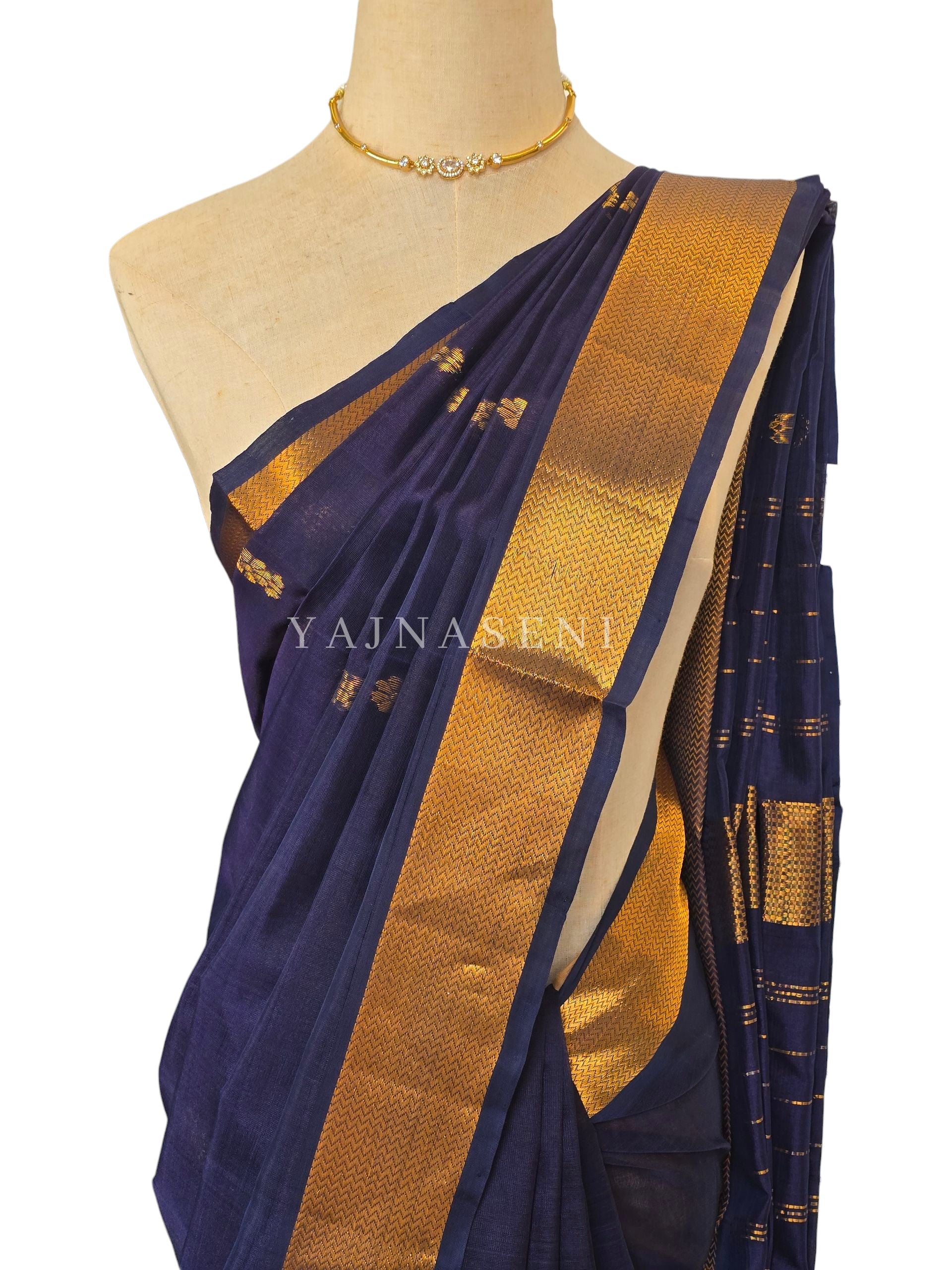 Handloom Kanchipuram Silk Cotton Saree : Midnight Blue