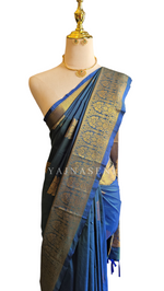 Load image into Gallery viewer, Monochrome Series : Semi Kanchi Silk Saree - Blue (Green Undertone)
