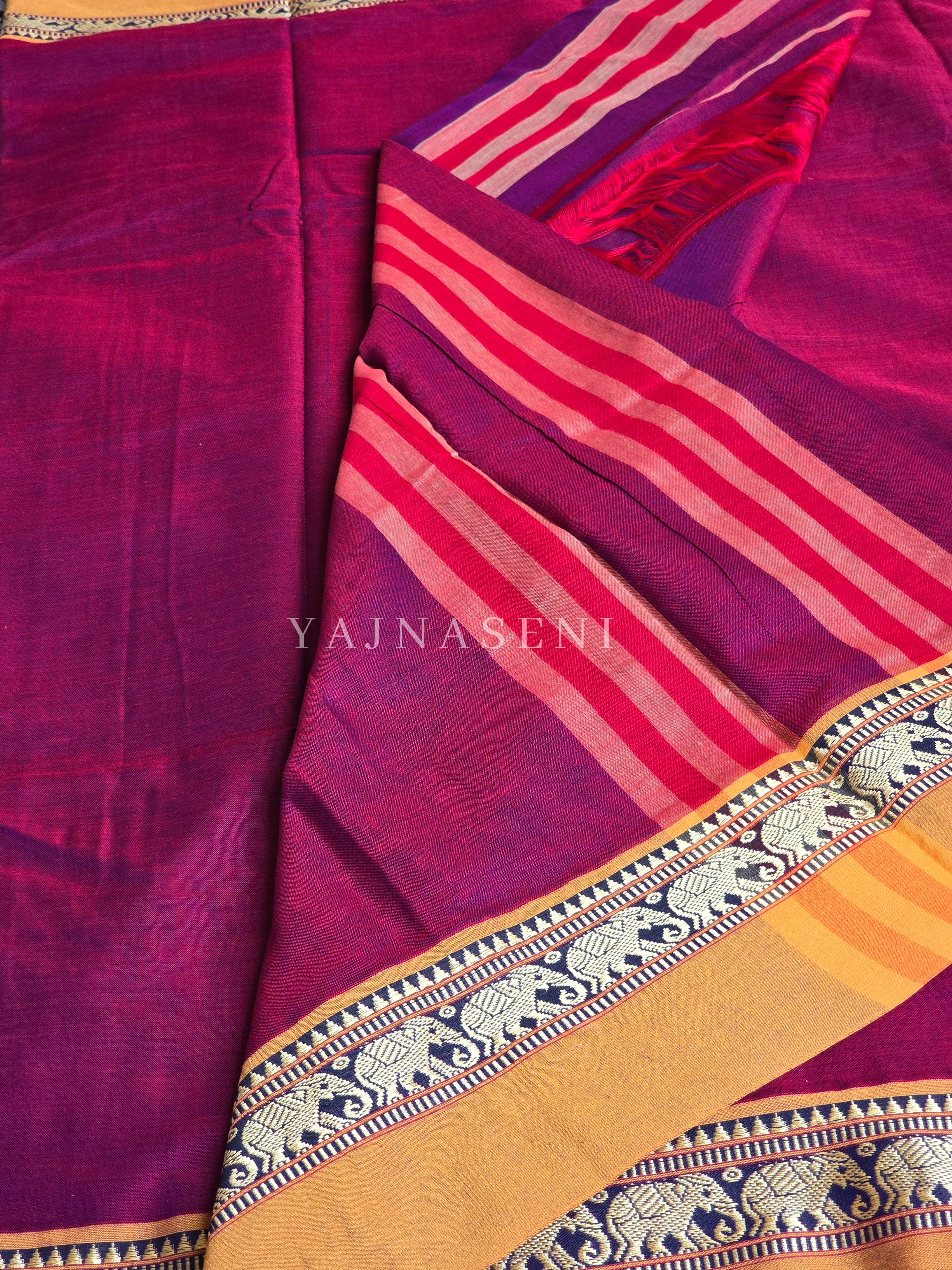 Narayanpet Mercerised Cotton Saree : Claret x Mustard