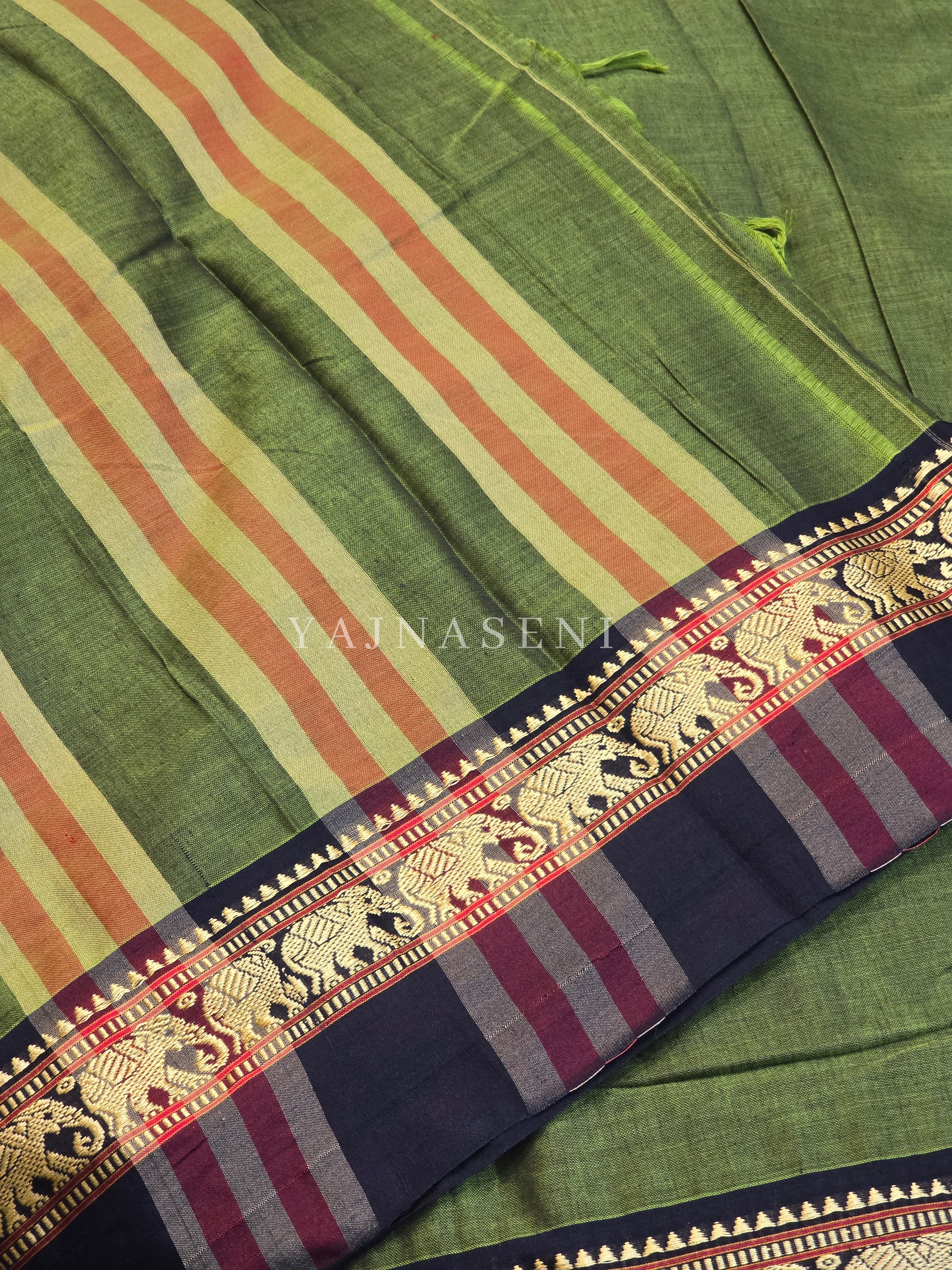 Narayanpet Mercerised Cotton Saree : Olive x Black