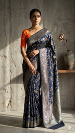 Load image into Gallery viewer, Banarasi Semi Silk Saree : Dark Blue x Orange
