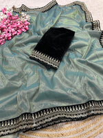 Load image into Gallery viewer, Tissue saree x Velvet Lace Border x Blouse - Metallic Ash Blue

