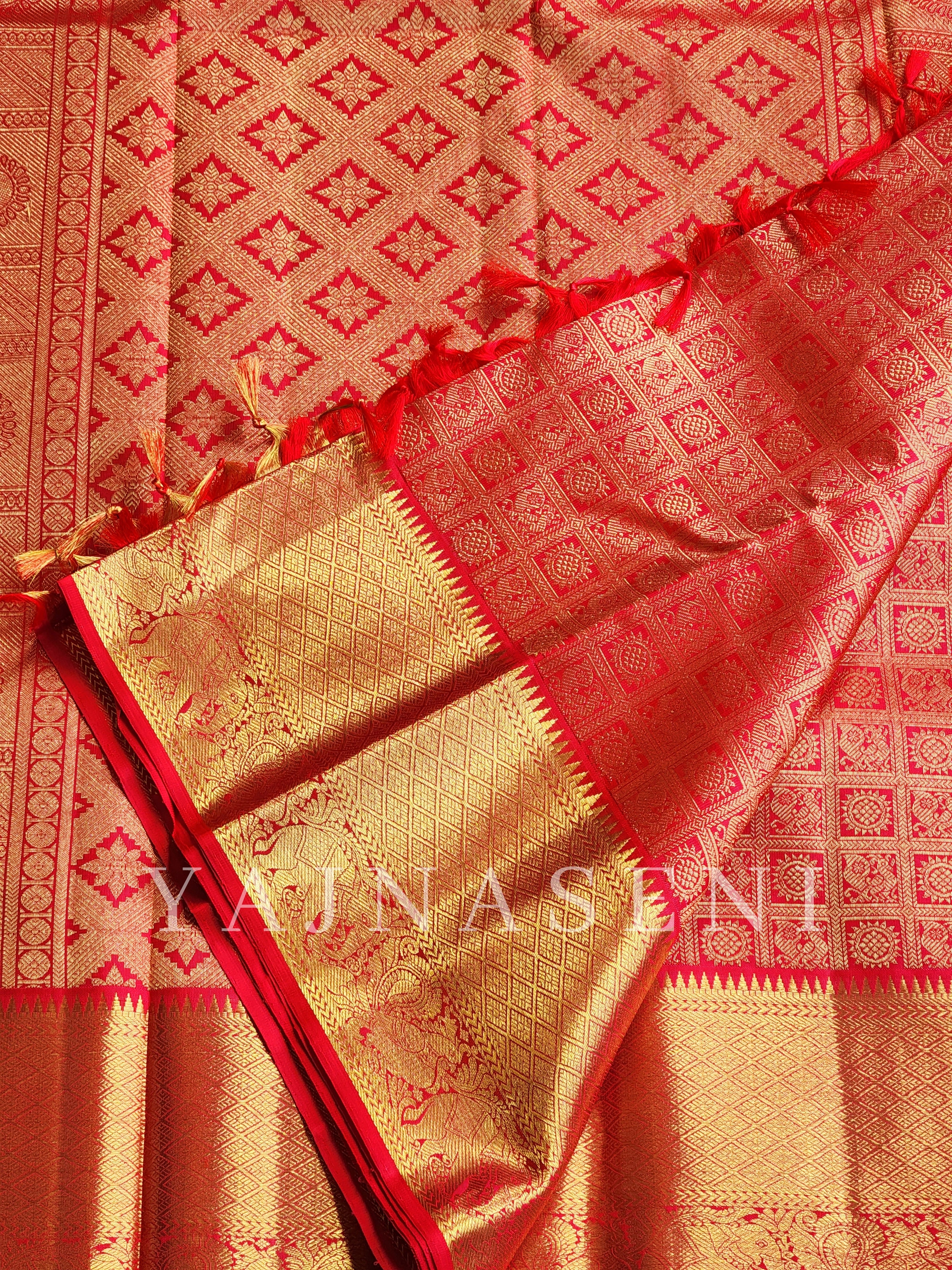 Crimson - Pure Kanjivaram Silk Saree with Gold Zari