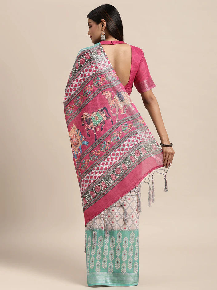 Linen Saree - Seafoam green x Multicolour