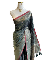 Load image into Gallery viewer, Semi Silk Saree x Checkered x Floral Motifs  - Timber Green
