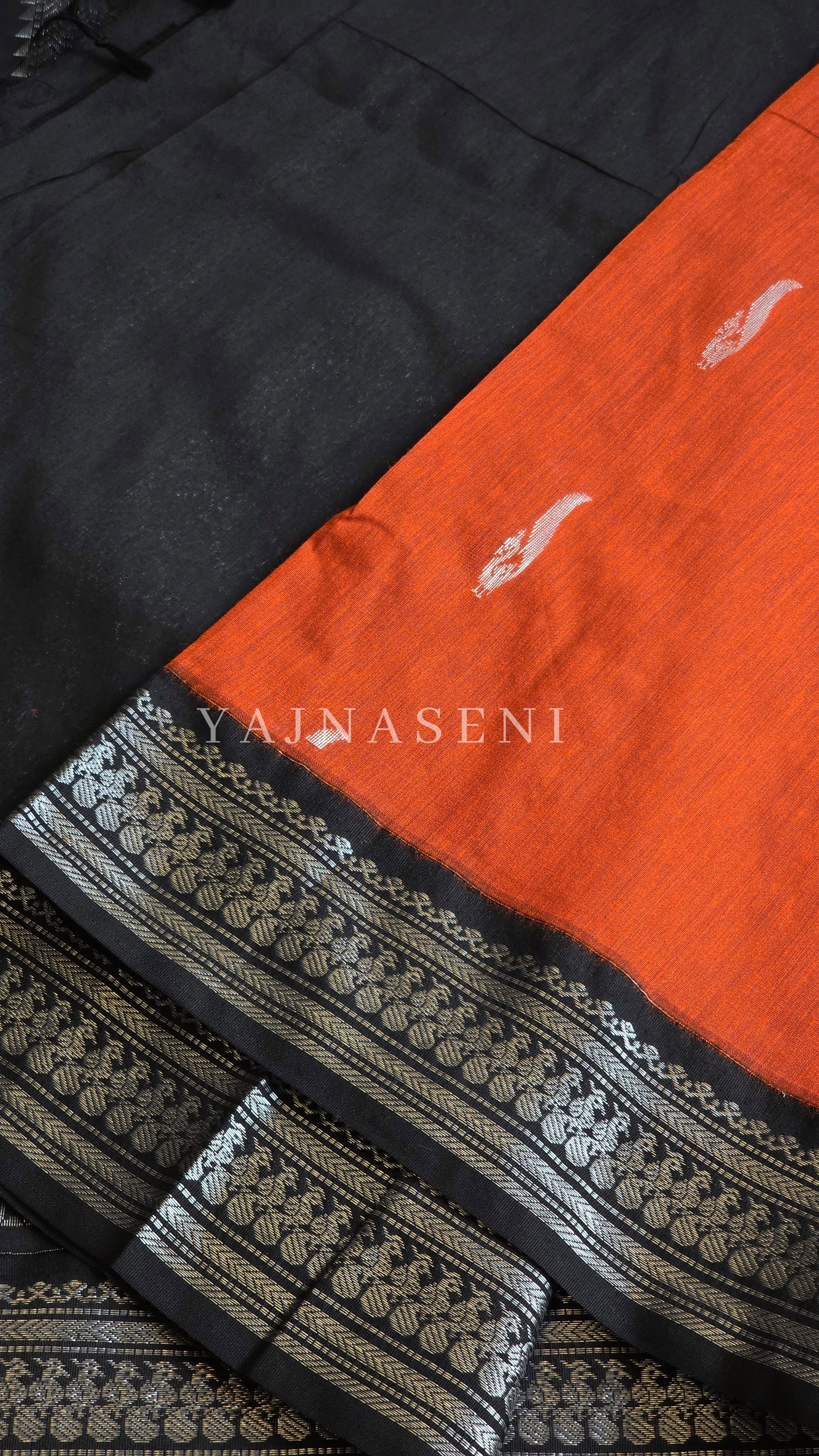Kalyani Cotton Saree - Silver Zari : Orange x Black