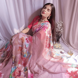 Floral x Georgette Saree - Old Rose