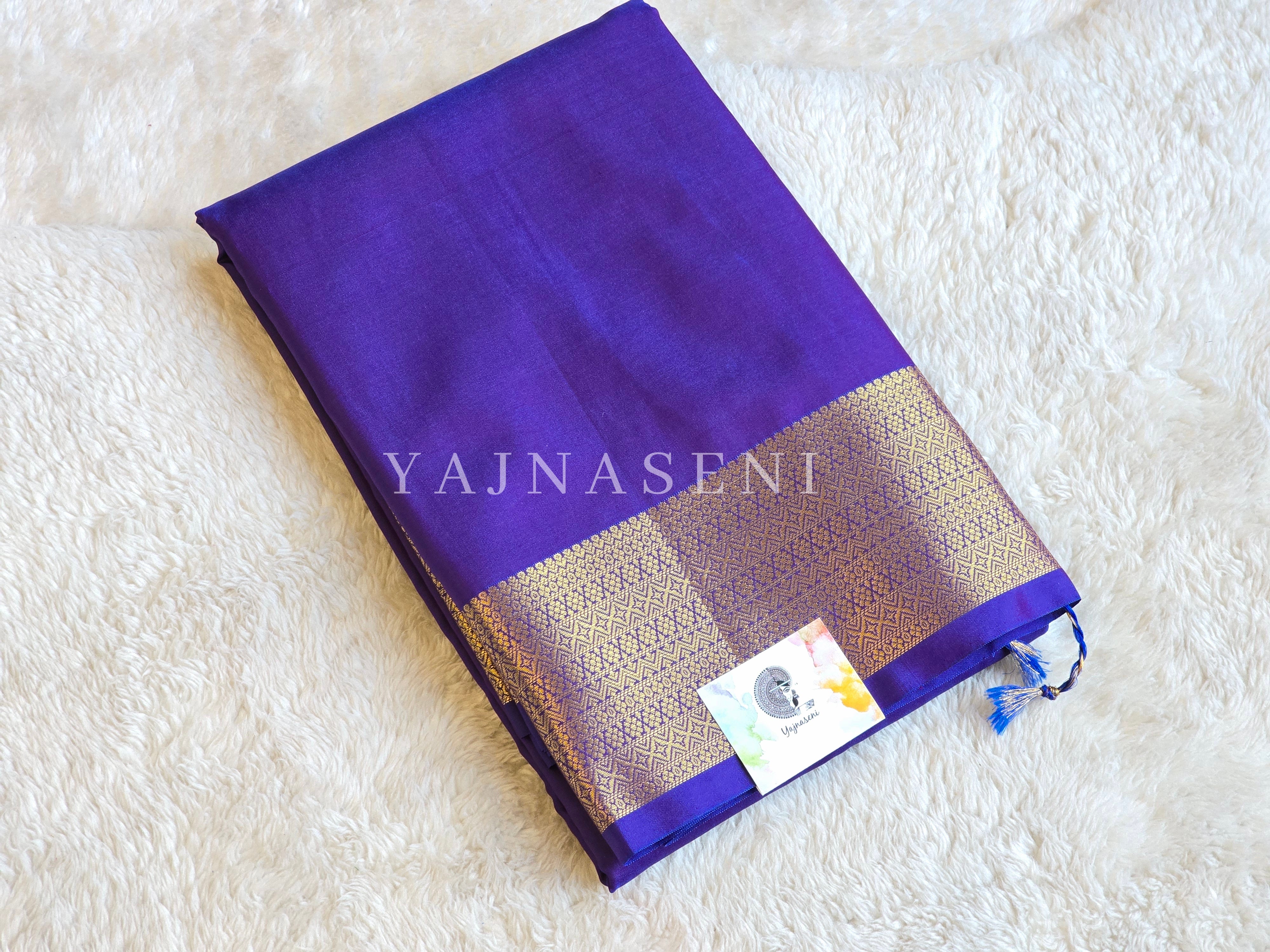 Minimalist Semi Silk Saree x Gold Zari - Violet Blue