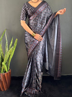 Load image into Gallery viewer, Printed Satin Ready Made Saree x Ajrakh Prints : Black x Blue x Wine
