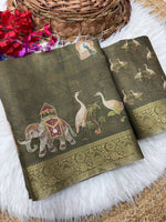 Load image into Gallery viewer, Regal Nature x Printed Linen Tissue Saree : Olive
