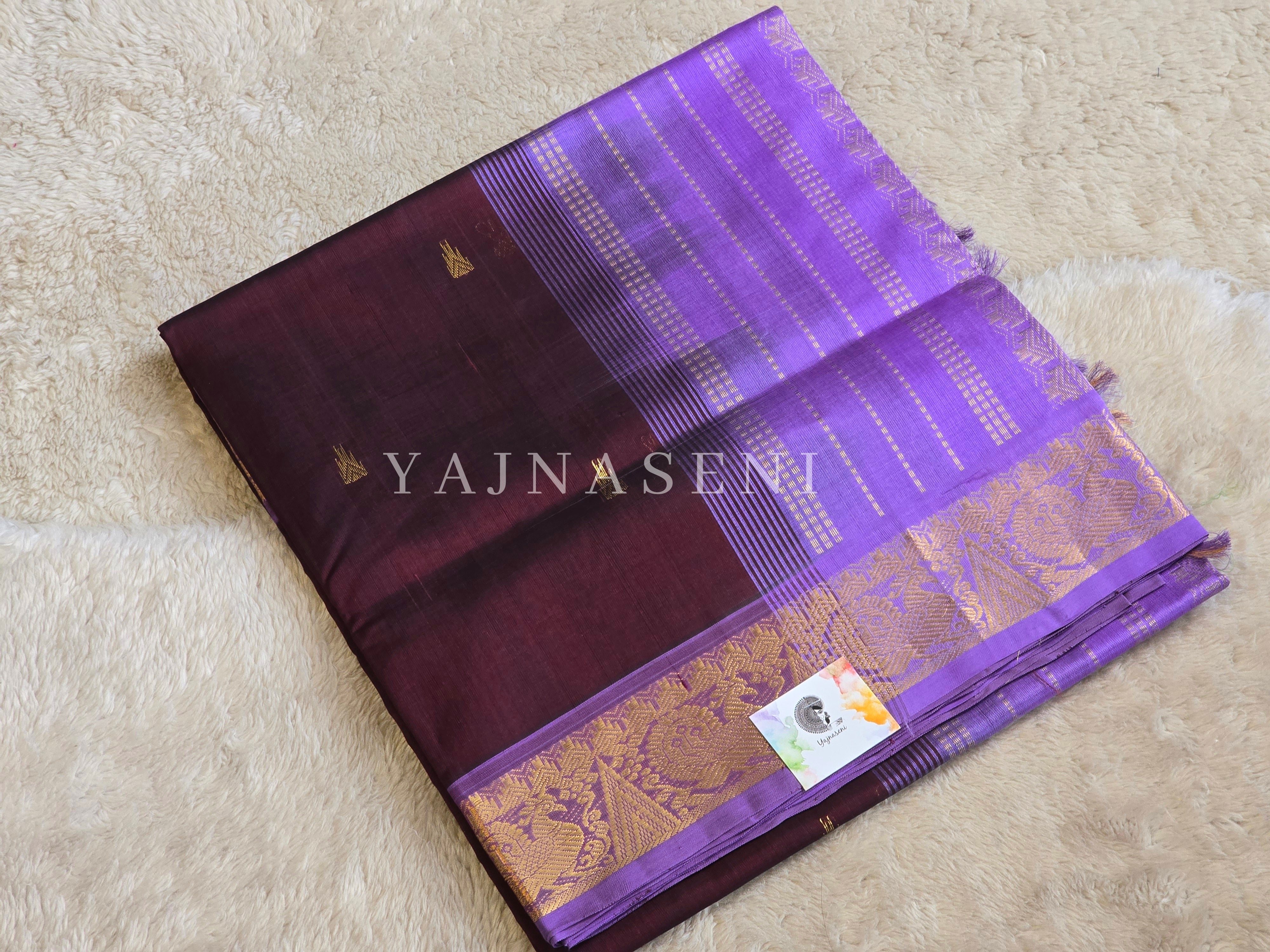 Handloom Kanchipuram Silk Cotton Saree : Dark Wine x Light Purple