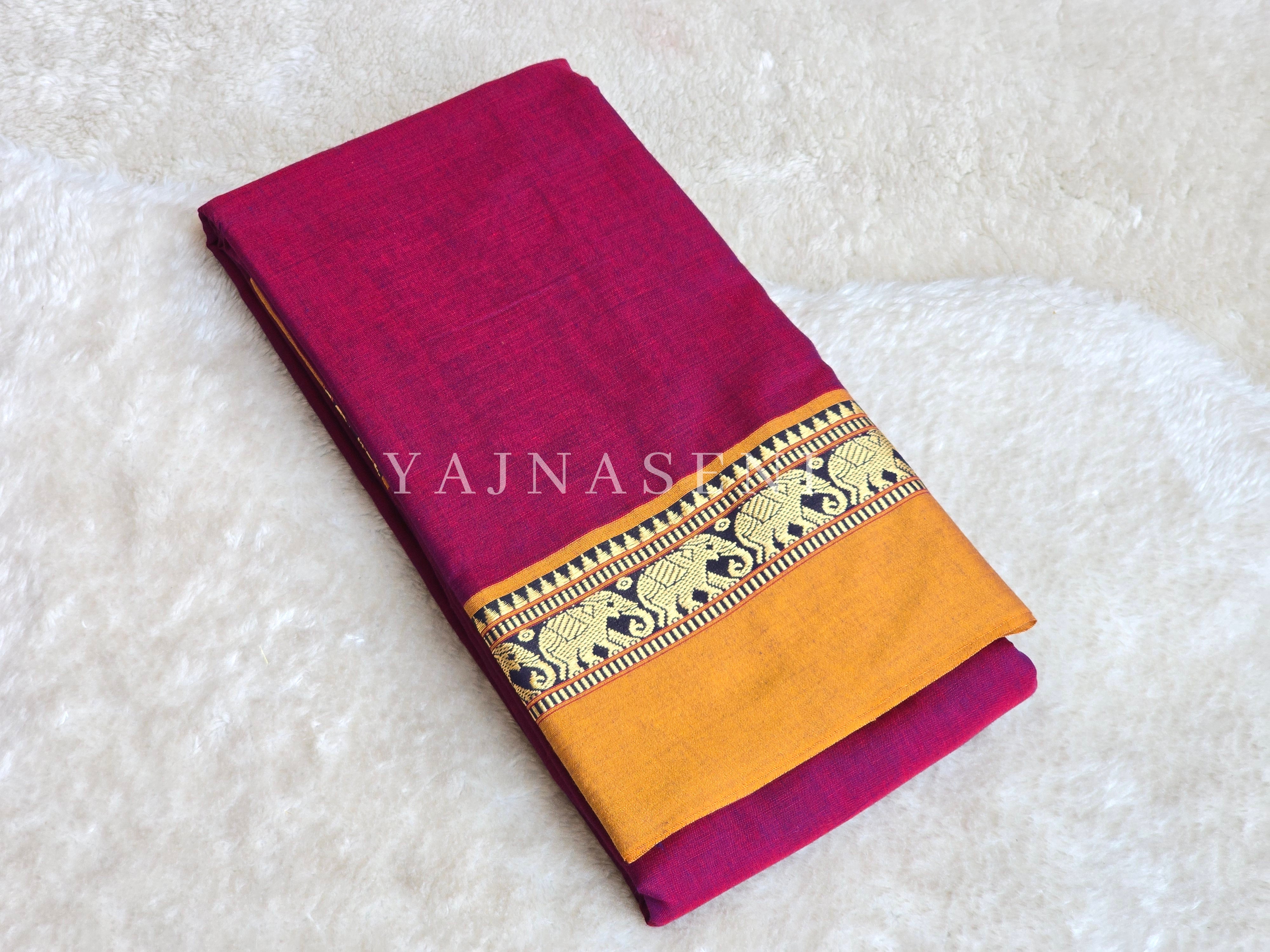 Narayanpet Mercerised Cotton Saree : Claret x Mustard