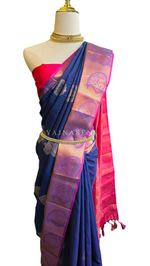 Load image into Gallery viewer, Brocade Semi Silk Saree - Navy Blue x Hot Pink
