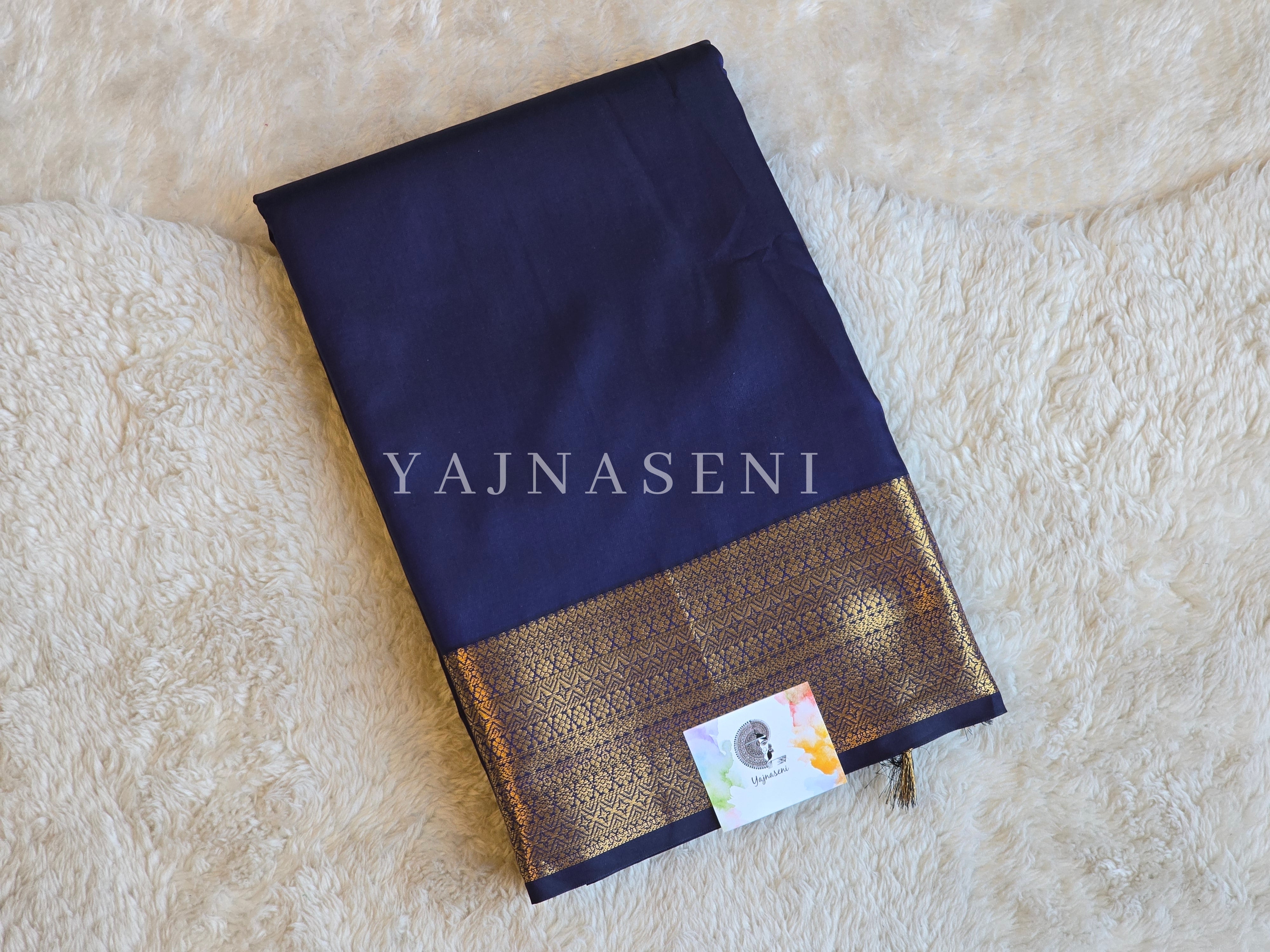 Minimalist Semi Silk Saree x Gold Zari - Dark Blue