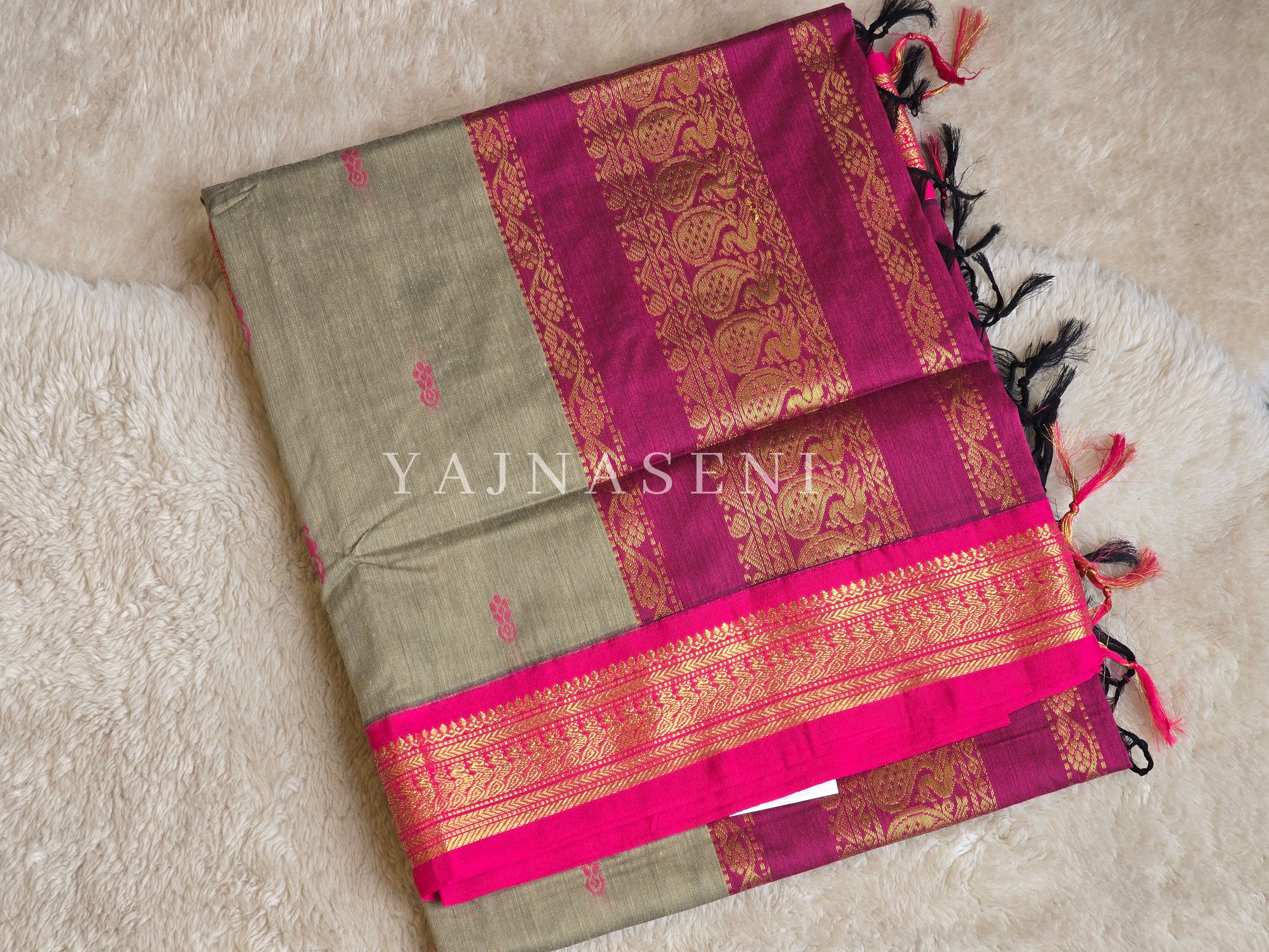 Kalyani Cotton Saree - Gold Zari : Desert Grey x Cranberry x Hot Pink