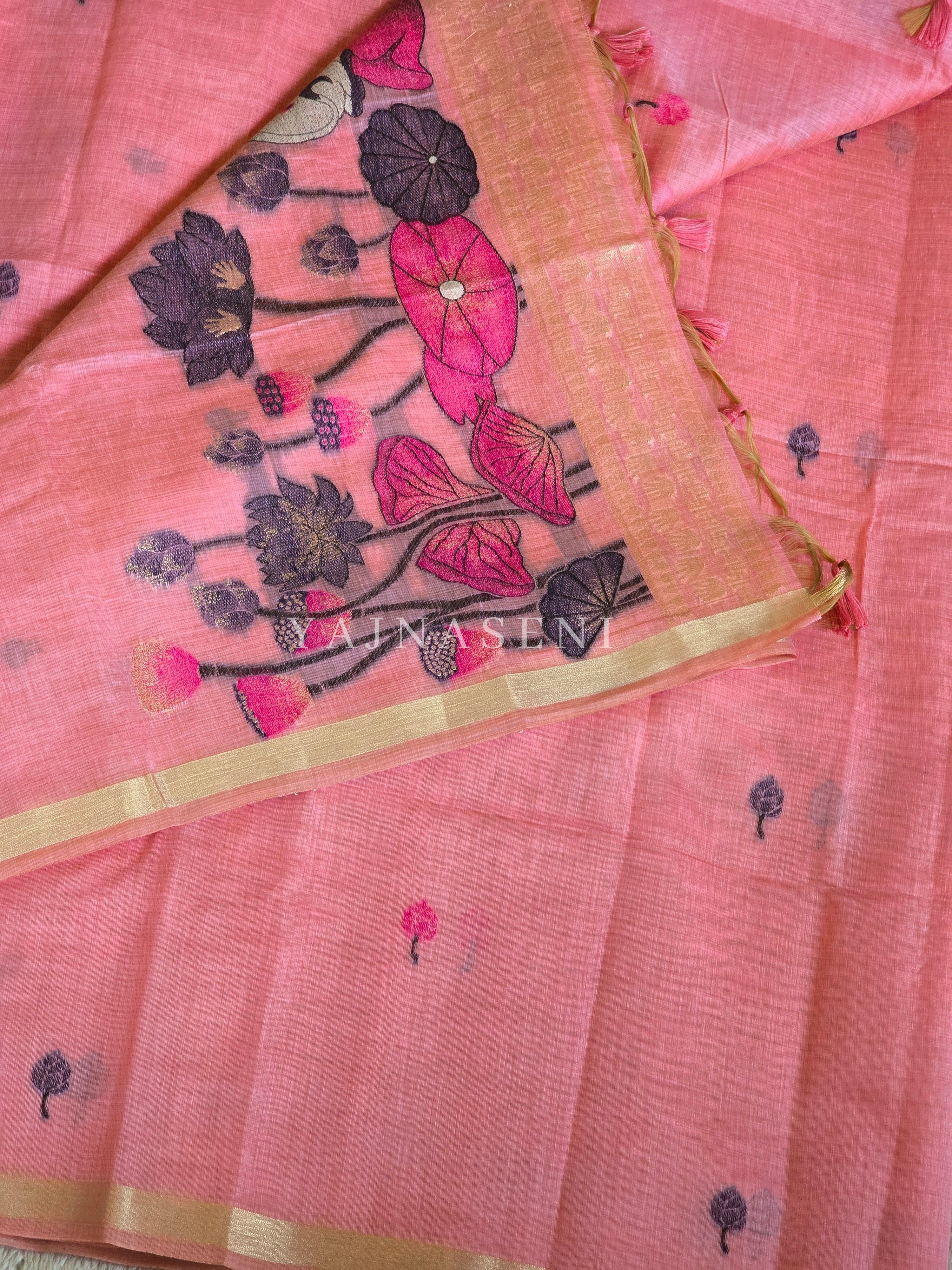 Linen Cotton Saree x Pichwai Tales - Pink