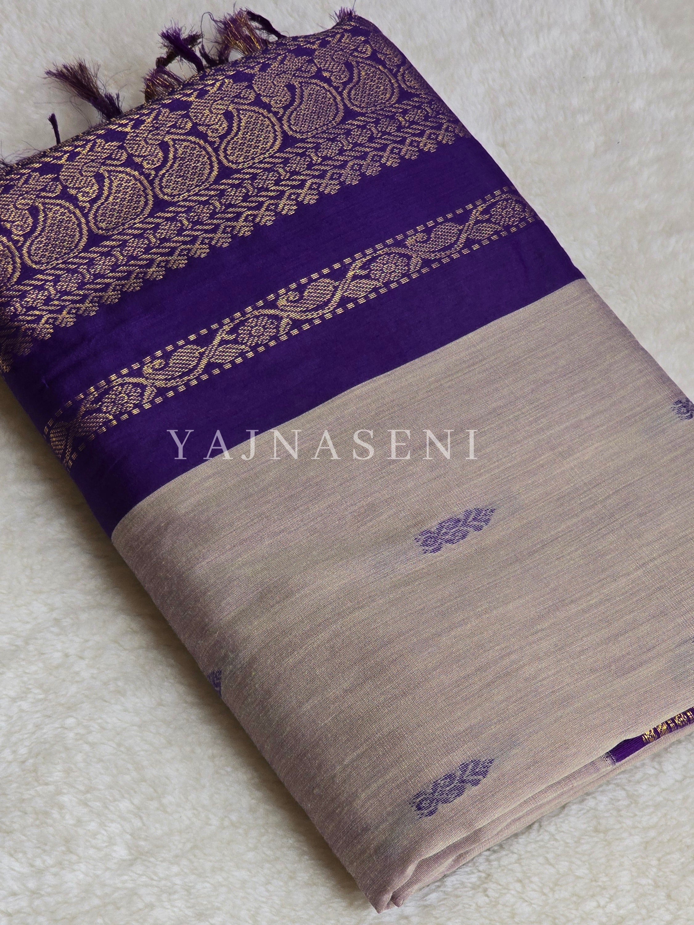 Kalyani Cotton Saree - Gold Zari : Grey x Violet